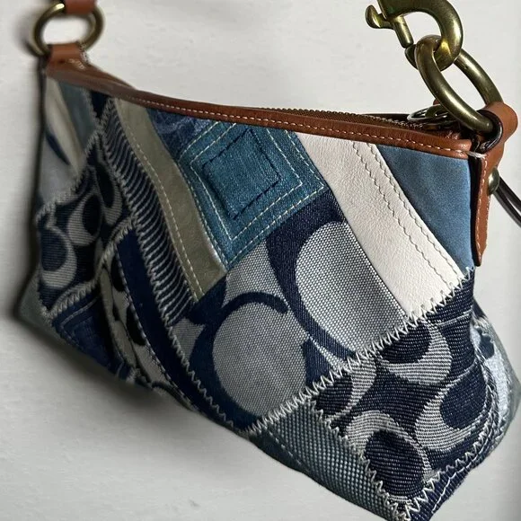 COACH Denim Patchwork Accessory Pouch Mini Bag Indigo Leather